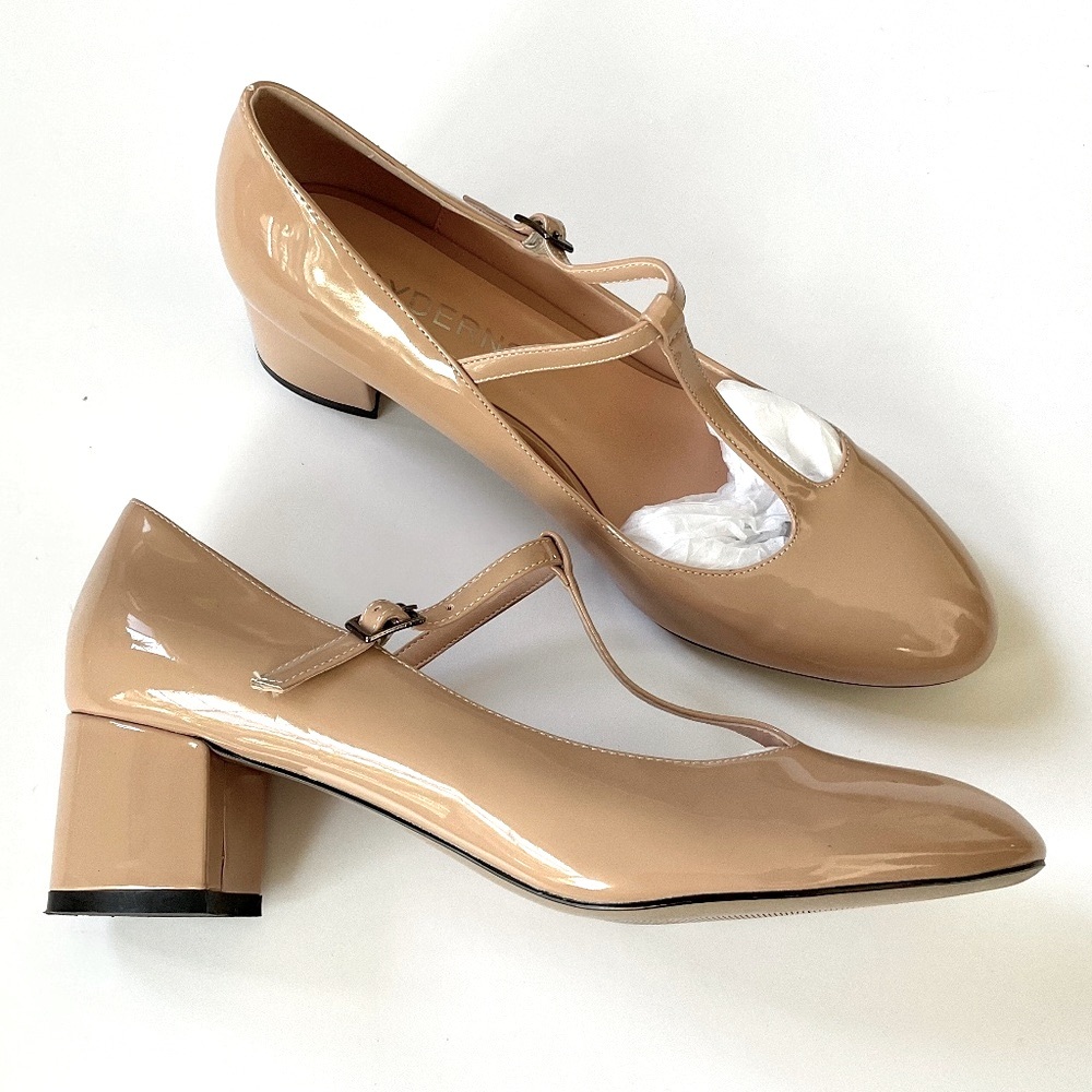 WAYDERNS Patent Leather T-Strap Round Toe Chunky Heel Beige Pump Size 9.5